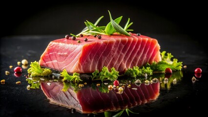  Tuna steak, slices, hero shot dark background