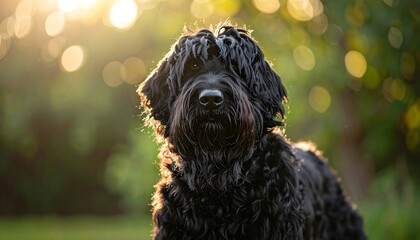 Black Russian Terrier Portrait in Golden Hour Sunlight.