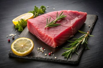  Tuna steak, slices, hero shot dark background