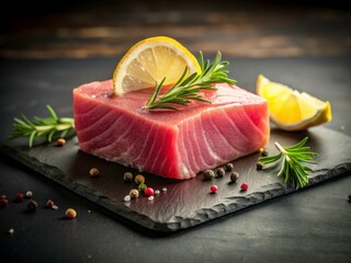  Tuna steak, slices, hero shot dark background