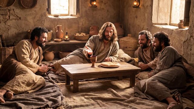 Jesus preaches to his disciples in an ancient setting. The biblical concept of the Gospel events and the life of Jesus Christ