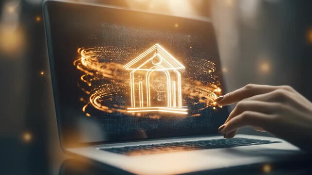 Modern digital banking platform interface on a laptop, featuring a prominent financial institution icon, symbolizing secure online transactions and global financial management