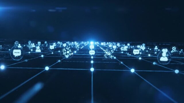 Advanced enterprise network orchestrates global communication data and digital infrastructure through a virtual cloud interface in a dark cinematic environment.