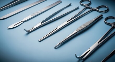 Surgical instruments laid out on a blue surface