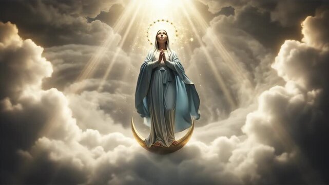 Blessed Virgin Mary bathed in celestial light, symbolizing her Immaculate Conception and divine purity, standing upon a crescent moon