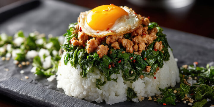 Gourmet Pad Krapow served with fragrant jasmine rice and topped with a perfectly cooked egg. This modern interpretation of Thai basil stir-fry highlights premium ingredients, refined plating.