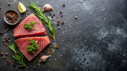  Tuna steak, slices, hero shot dark background