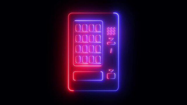 glowing neon Vending machine of food and beverage automatic selling icon isolated on black background. Vending Machine Icon animation. 4k video animation.