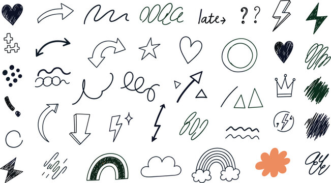Hand drawn doodle elements isolated on white background set of simple sketch line drawing shapes, arrows, hearts, stars, lightning, crown, rainbow and cloud
