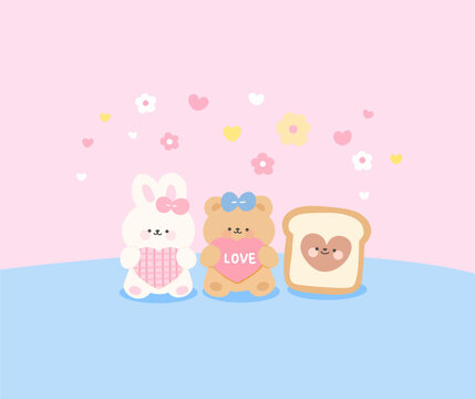 Cute pastel bunny bear and bread characters with love heart illustration