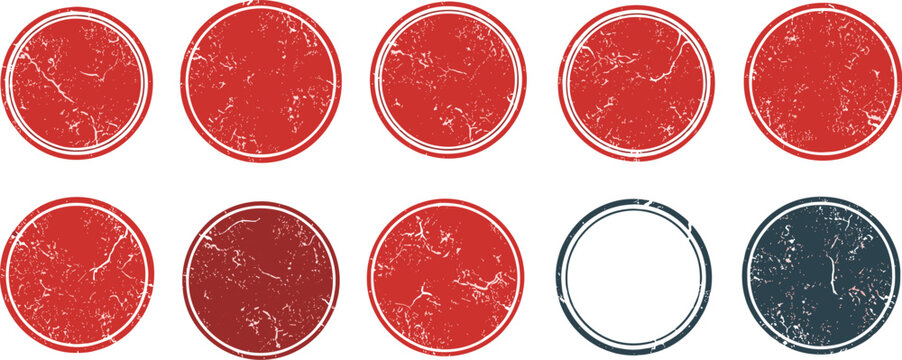 Ten distressed red and blue circle stamps are arranged in two rows, creating a visually appealing pattern isolated on white background