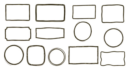 Obraz premium Hand drawn imperfect vector frames. Uneven sketchy line art borders set. Doodle style shapes isolated on white background