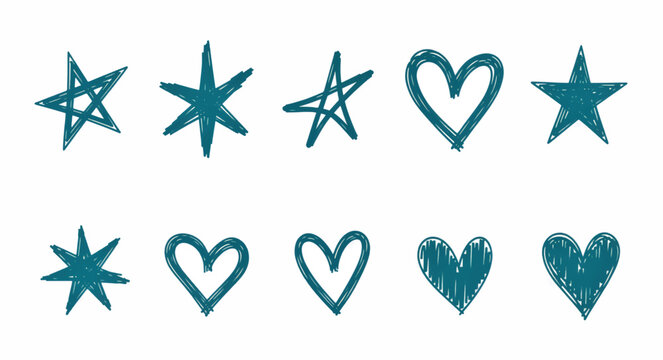 Scribbled hand-drawn star and heart icons. Imperfect sketchy vector illustration set. Dark teal organic design elements isolated on white