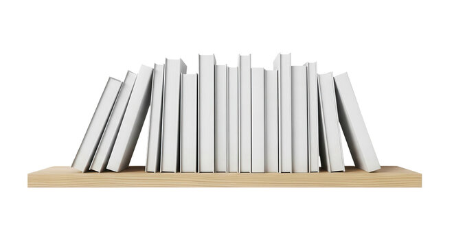 Row of white books on wooden shelf against black background