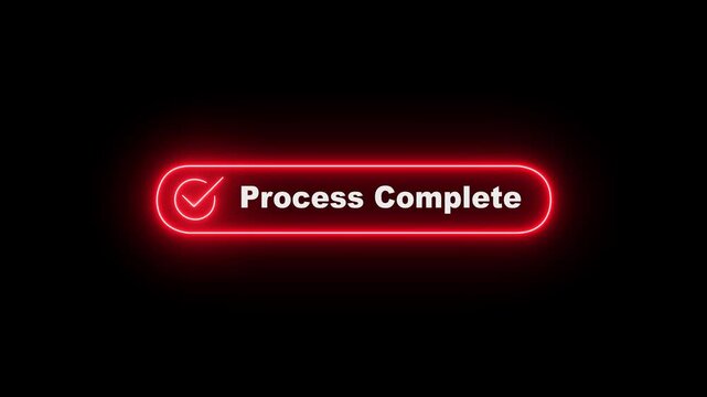 neon process complete button on black background. neon check mark with process complete button. complete, transaction concept. representing a digital interface for granting permission or access.
