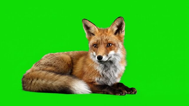 The essence of wild grace A vibrant red fox in a moment of calm, poised against an adaptable green screen, ready for diverse creative applications