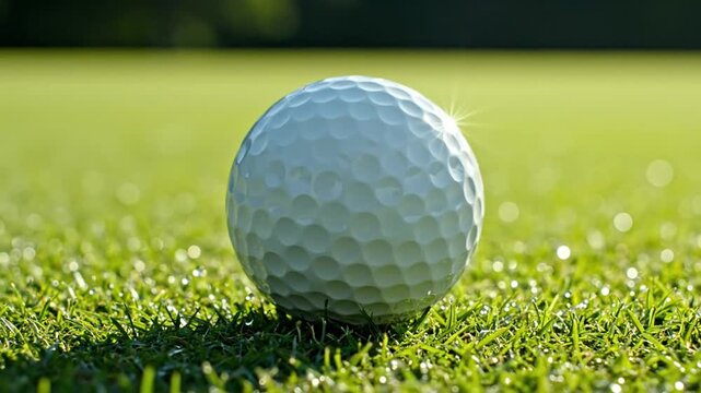A close-up image of a white, dimpled ball on green grass with a bright sunburst effect
