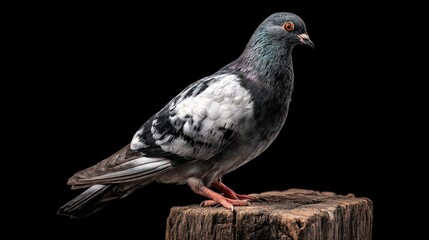 Fototapeta premium Close-Up Portrait of a Vibrant Pigeon Perched on a Rustic Wooden Block Against a Dark Background