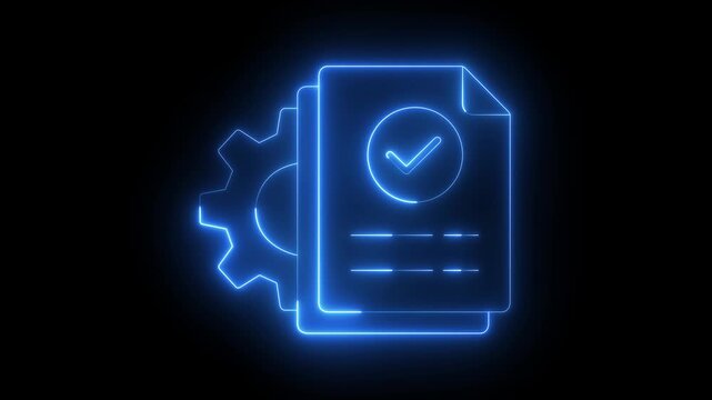 glowing neon Digital document verification and approval with secure online workflow, check marks, data verification, file management icon. Document settings icon animation with file and gear symbol.