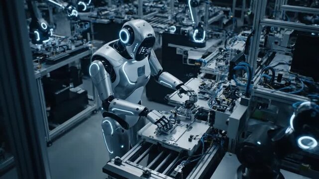 Advanced humanoid robot orchestrates precision assembly and optimizes manufacturing workflow within a high-tech industrial factory environment.