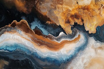 Obraz premium swirling aerial coastal abstraction with deep blue and turquoise waters, white foamy edges and rust orange textured cliffs evoking motion and dramatic contrast