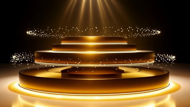 Golden award ceremony stage with magic glitter particle sparkle. Winner celebration event spotlight background and light beam. 