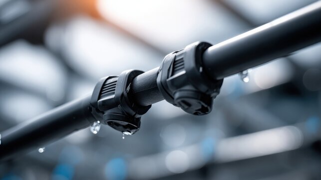 Close-up of a high-quality weather-resistant irrigation pipe system with water droplets