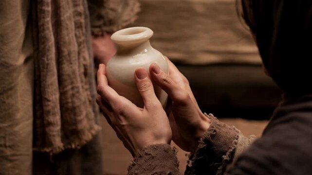 A woman kneeling before Jesus Christ, who holds an alabaster vessel, anoints his feet &ndash; a religious, biblical scene dedicated to Maundy Thursday.