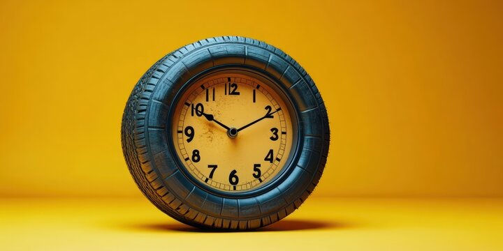 analog clock embedded in a black car tire on a bright yellow background, playful surreal still life evoking curiosity and whimsy