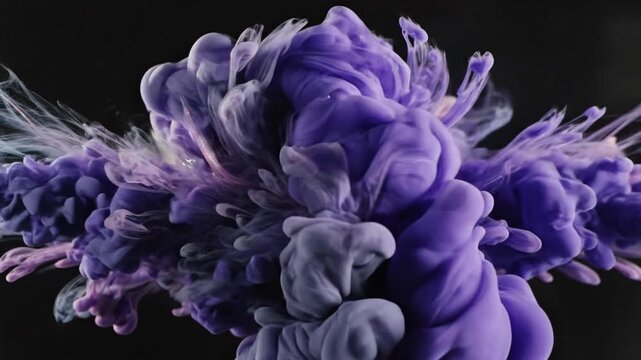 Plumes of dark purple and gray-toned smoke drift upwards, set against a stark black background