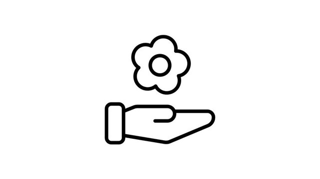 Hand giving flower animated black line icon