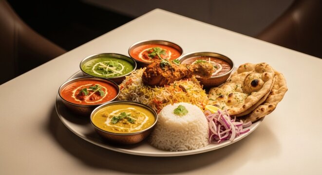 A vibrant and diverse Indian thali platter featuring biryani, various colorful curries, naan bread, and rice, served on a white table.
