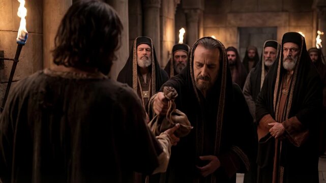 Man receives money bag from religious men in ancient setting, depicting biblical betrayal narrative for passion week.