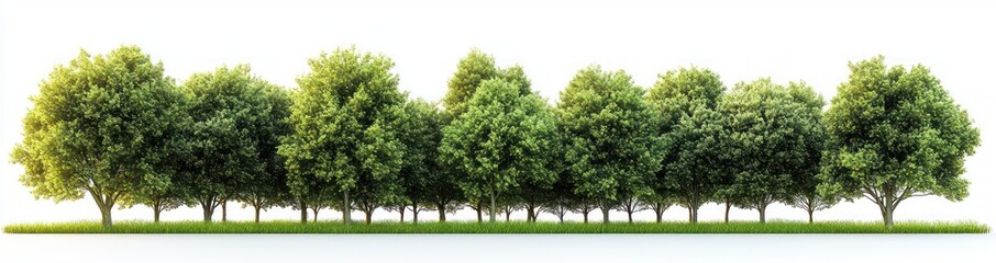 Obraz premium row of lush green trees with full leafy canopies standing on a strip of grass against a white background, conveying a calm and peaceful mood