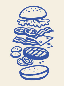 Burger ingredients stack naive hand drawn poster vector illustration
