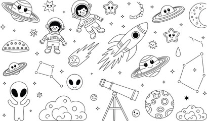 Cute space doodle coloring page with astronauts rocket aliens planets telescope and stars outline vector illustration © Kharshad Creative