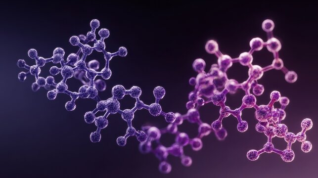 Paired hormone structures floating together in dark space, estrogen and progesterone forms linked by receptorinspired binding motifs, soft violetblue glow, conceptual visualization for endocrine