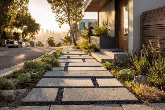 Residential front yard path with staggered pavers, greenery, and warm coastal light