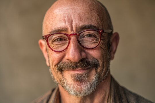 Retrato de un hombre de mediana edad sonriendo con gafas de montura roja