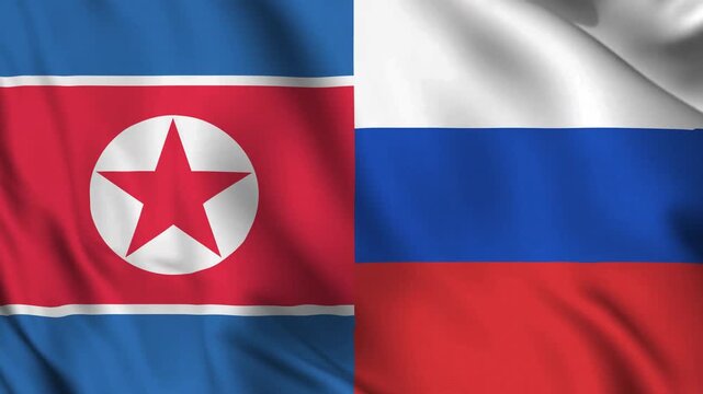 Horizontally aligned combined North Korea and Russia flags are waving in the wind. Realistic Slow Motion Animation. 4K Loop Motion Graphics.