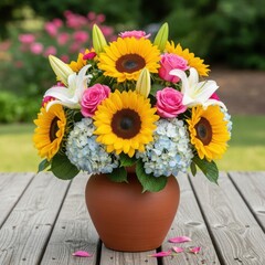 Beautiful floral arrangement on wooden table in garden