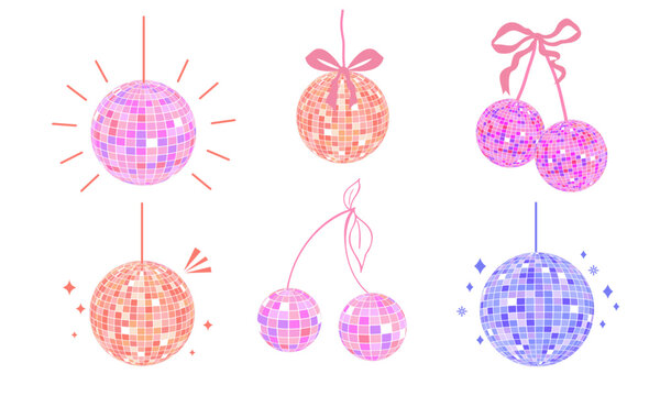 Set Disco ball shiny party mirror glowing party decorations. Y2k cherry with bow, Glossy discoballs in 70s 80s retro style. Party, music, 