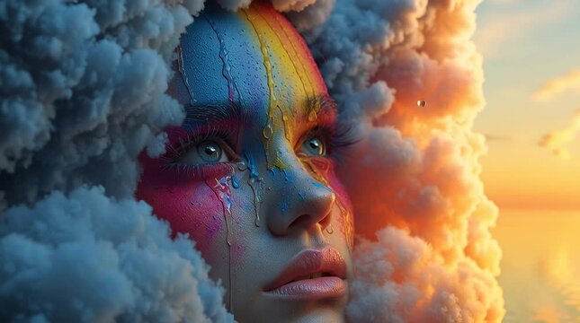 Face of a crying girl appearing in soft clouds, symbolizing grief, loss, and mourning for loved ones in heaven. Emotional, ethereal, and reflective scene. Generative AI, 4K video.