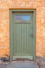 Vintage Green Wooden Door with Glass Window and Metal Mail Slot