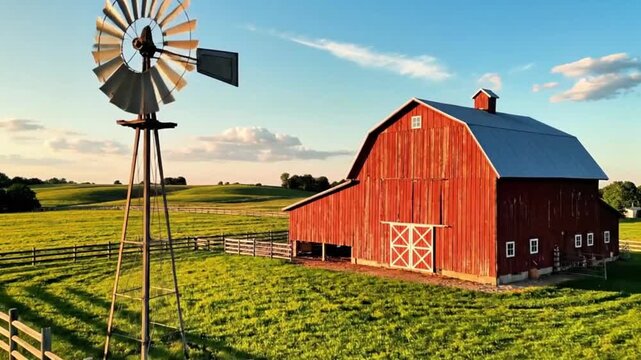 A quiet farm landscape with a red barn (no logos) and a windmill spinning slowly.