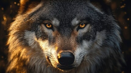 Obraz premium Close-up portrait of a wolf with piercing amber eyes and thick fur, bathed in warm golden light, intense and majestic stare with floating embers