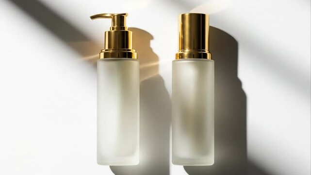 Cosmetic bottles with gold caps against white backdrop