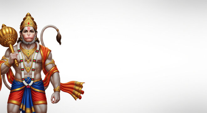Lord Hanuman Wide Banner with Clean White Background and Copy Space