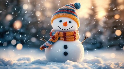 Cheerful small snowman with carrot nose, coal eyes and buttons, stick arms, striped knit hat with pompom and matching scarf in softly lit snowy landscape with falling snow and warm golden bokeh