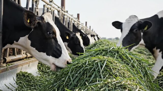 A row of cows eating green grass in a metal feeding trough on a bright day